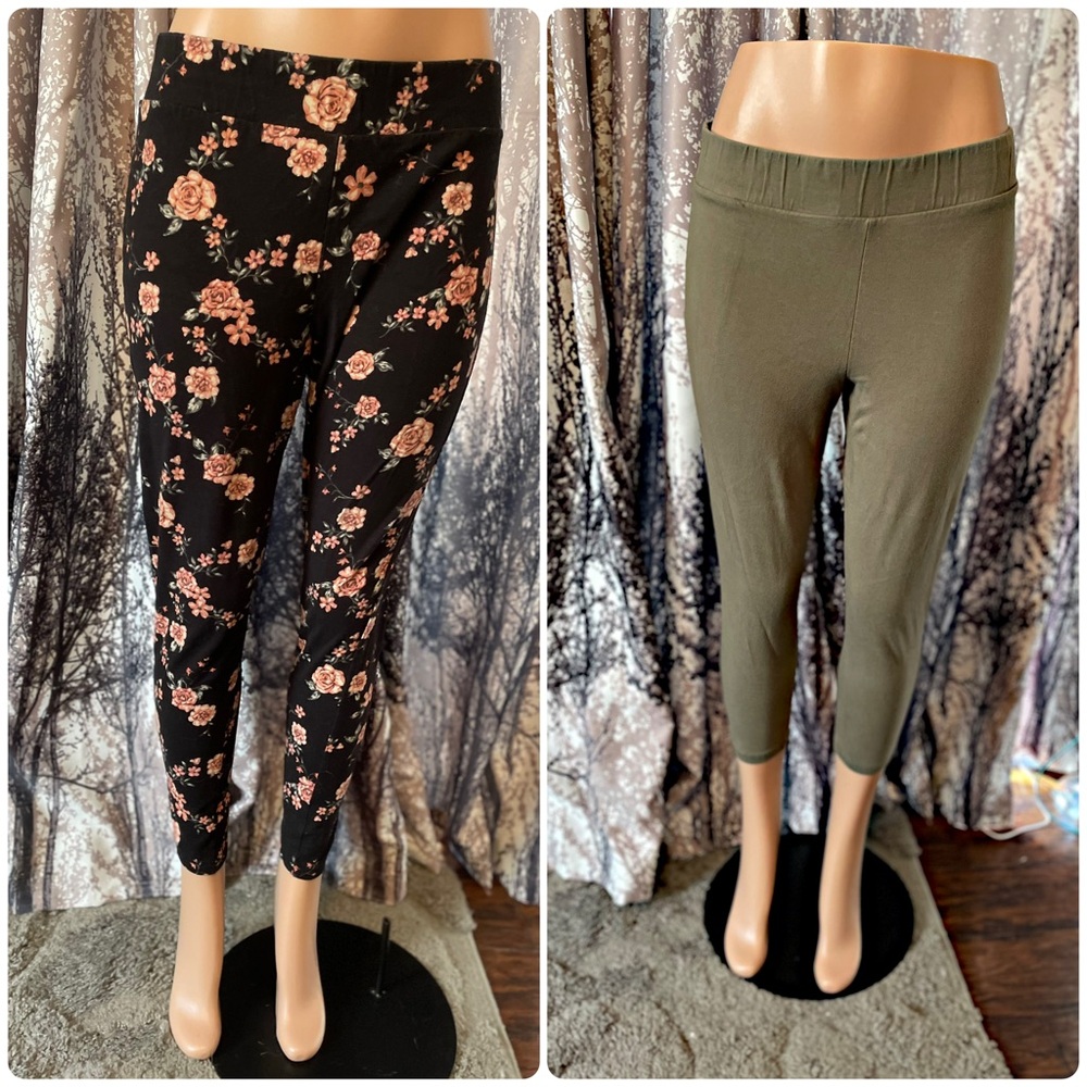 Torrid Black Floral leggings and Olive cropped Leggings Duo both size 2